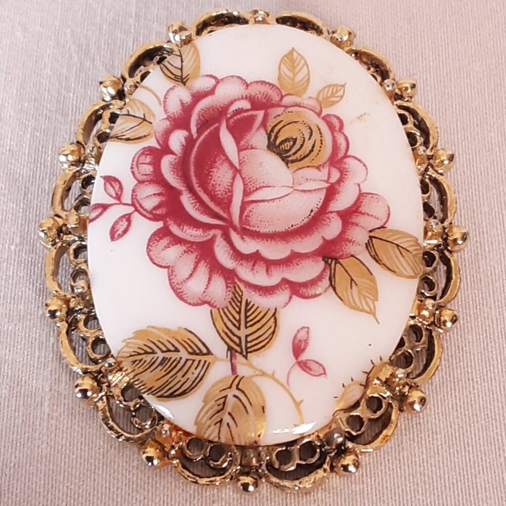 Rose Painted On Porcelain Pendant Brooch Gold Tone Filigree Trim